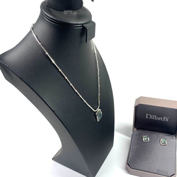 Dillards Faux Opal Necklace & Earring Jewelry Set Silver Tone/Blue Green NIB - Picture 5 of 10